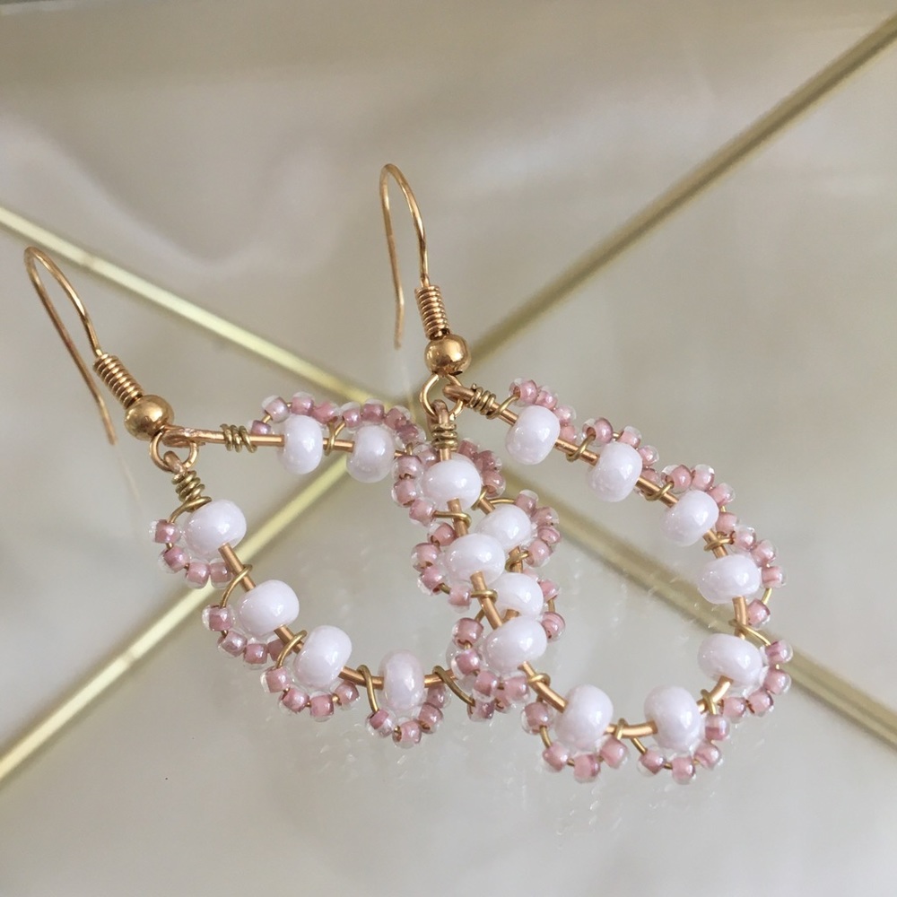 hand beaded pink and pearl hoop earrings